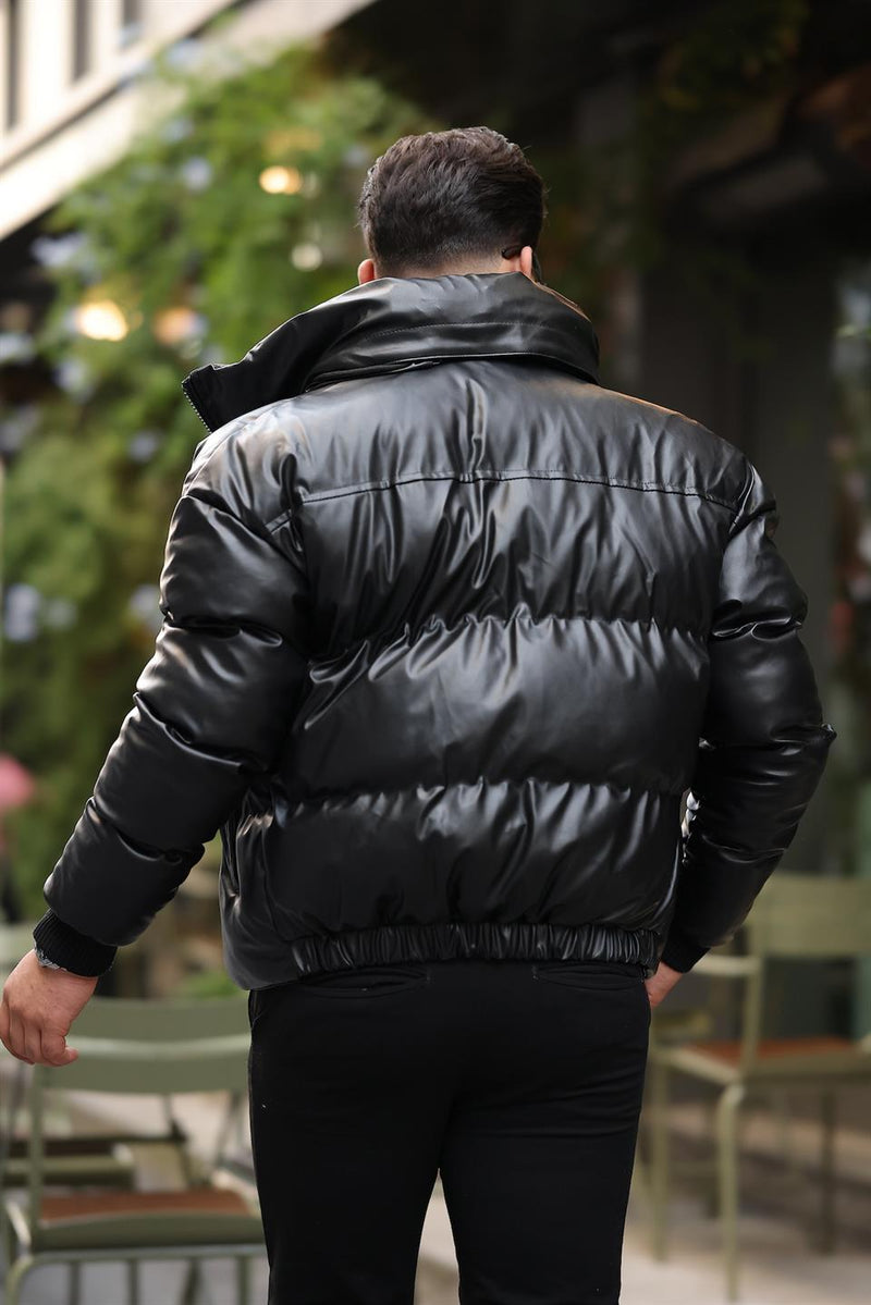 Doudoune Homme Oversize à Capuche Amovible Effet Cuir