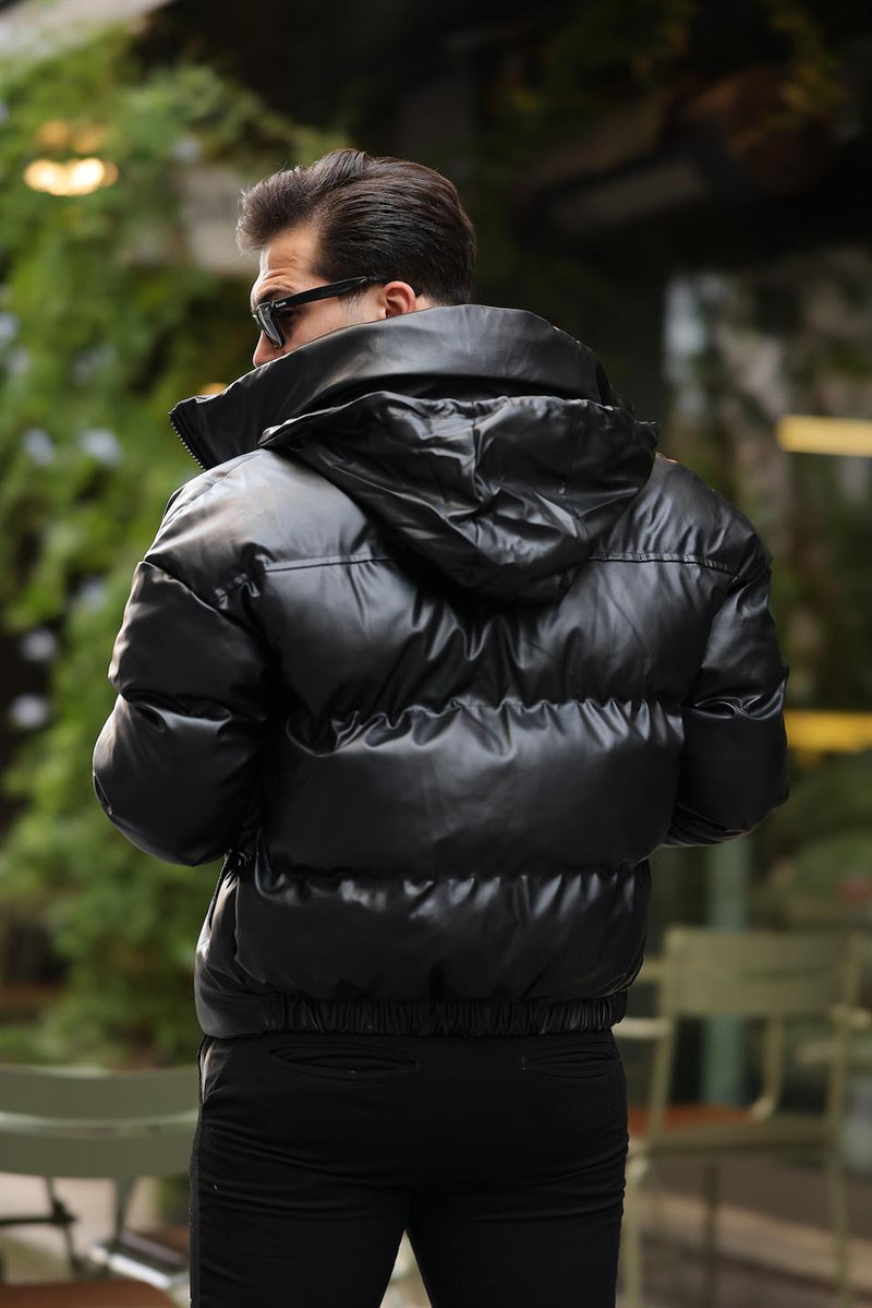 Doudoune Homme Oversize à Capuche Amovible Effet Cuir