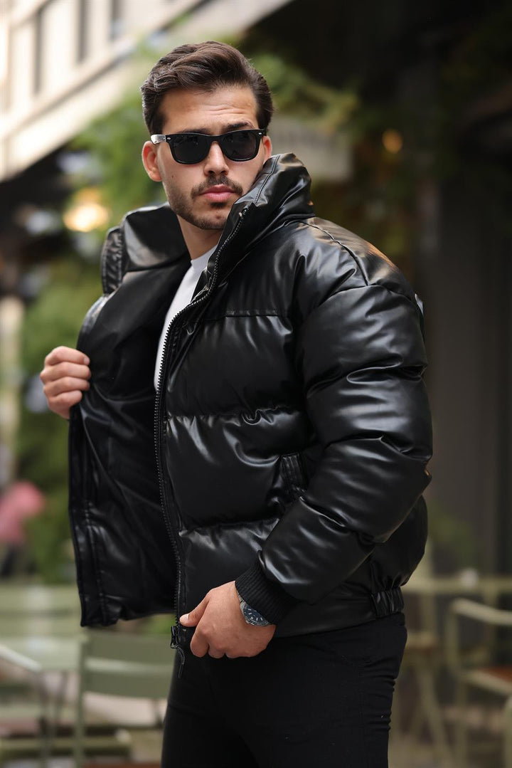 Doudoune Homme Oversize à Capuche Amovible Effet Cuir