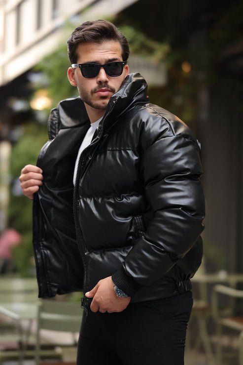 oversize kapüşonu çikarilabilir şişme deri mont - Justyol