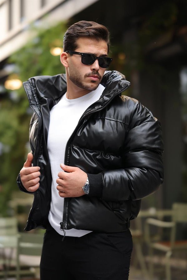 oversize kapüşonu çikarilabilir şişme deri mont - Justyol