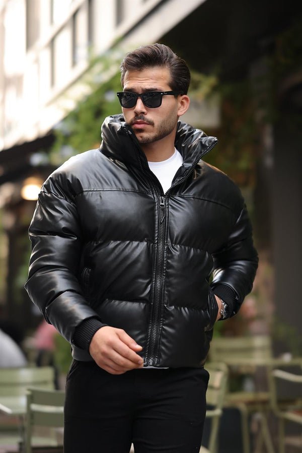 oversize kapüşonu çikarilabilir şişme deri mont - Justyol