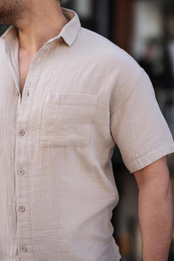 Oversize Müslin Kumaş Tek Cepli Gömlek - Justyol