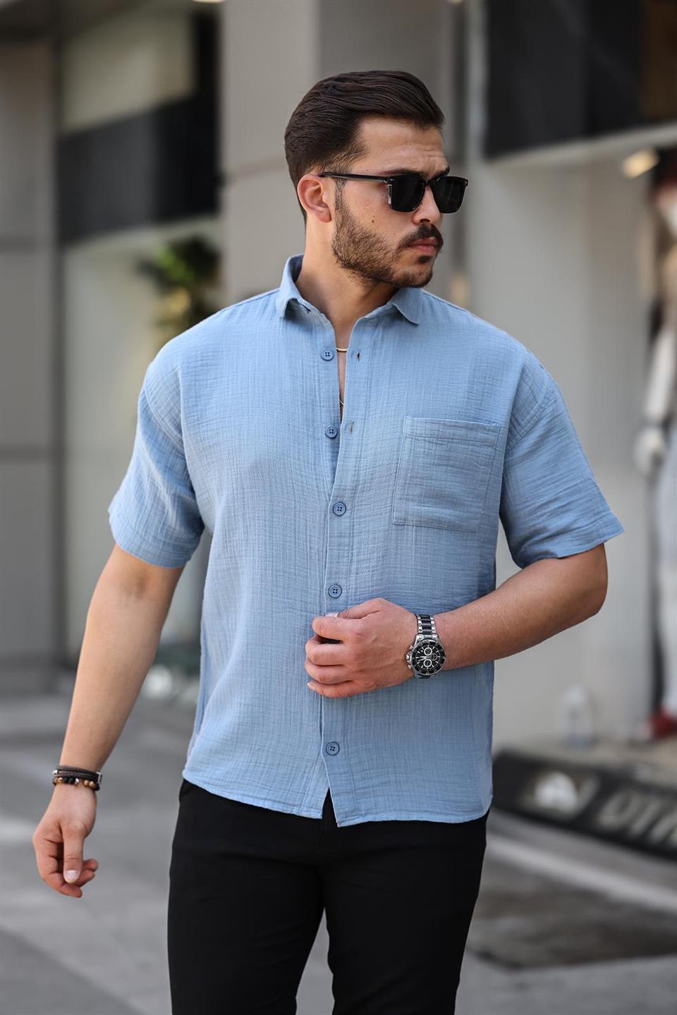 Oversize Müslin Kumaş Tek Cepli Gömlek - Justyol