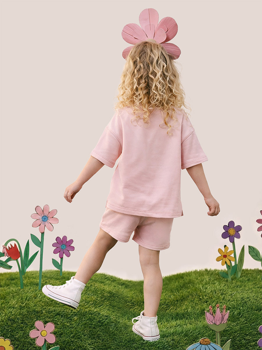 Ensemble Fille Oversize T-Shirt et Short en Coton 100% – Rose Poudré