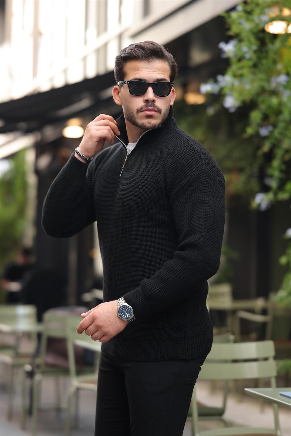 oversize selanik örgü yarim fermuar erkek triko kazak - Justyol