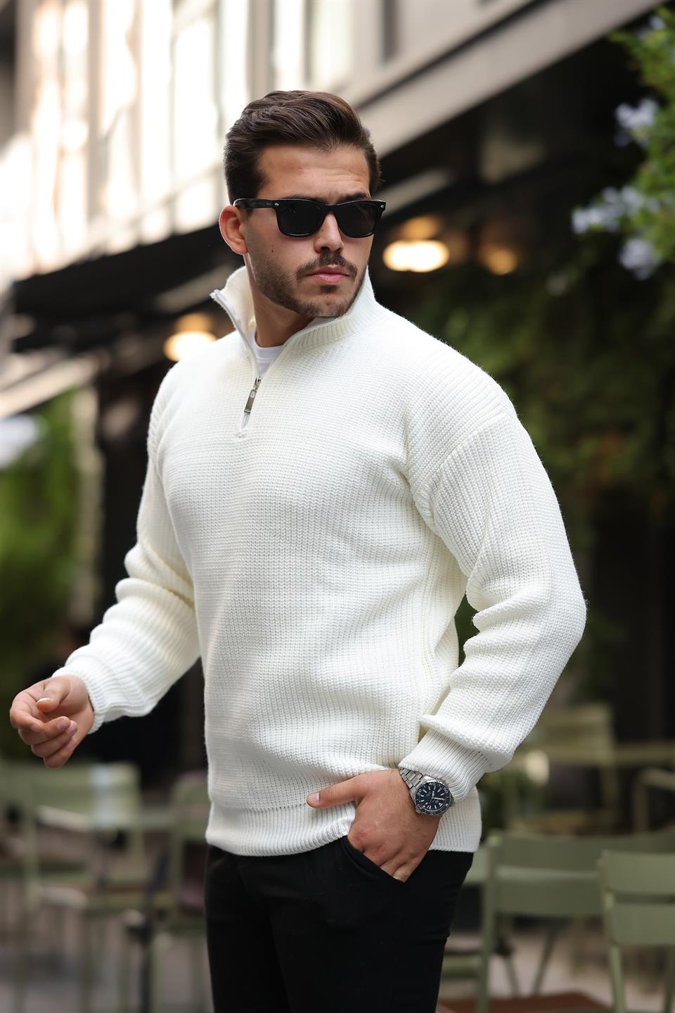 oversize selanik örgü yarim fermuar erkek triko kazak - Justyol