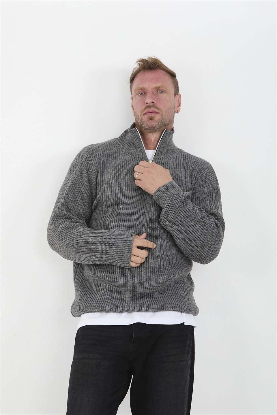 oversize selanik örgü yarim fermuar erkek triko kazak - Justyol