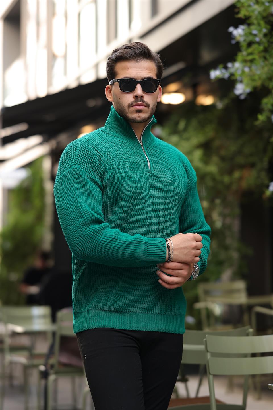 oversize selanik örgü yarim fermuar erkek triko kazak - Justyol