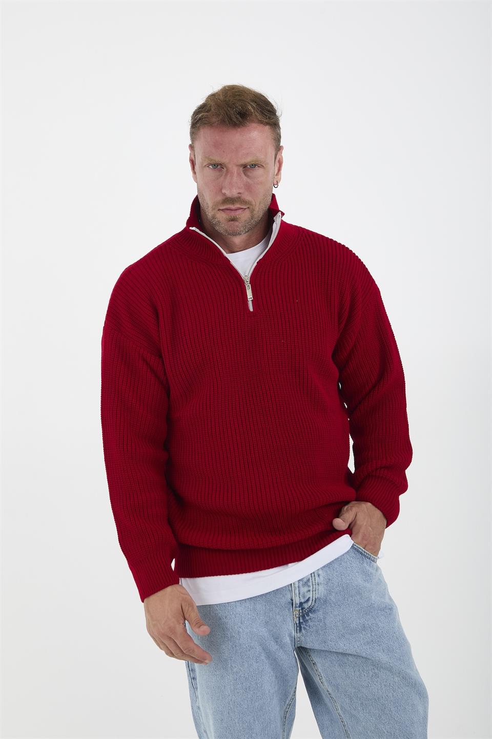 oversize selanik örgü yarim fermuar erkek triko kazak - Justyol