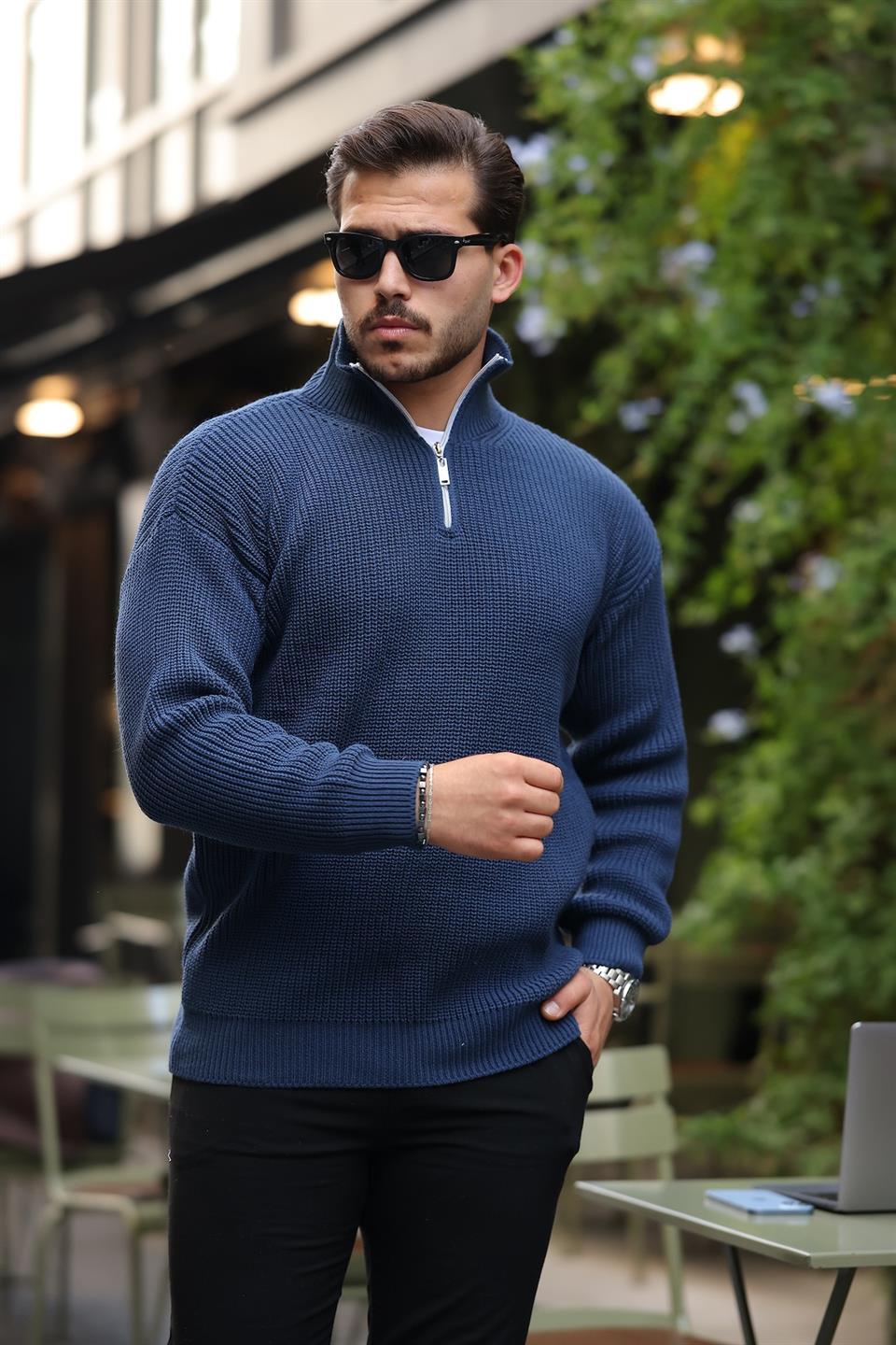 oversize selanik örgü yarim fermuar erkek triko kazak - Justyol