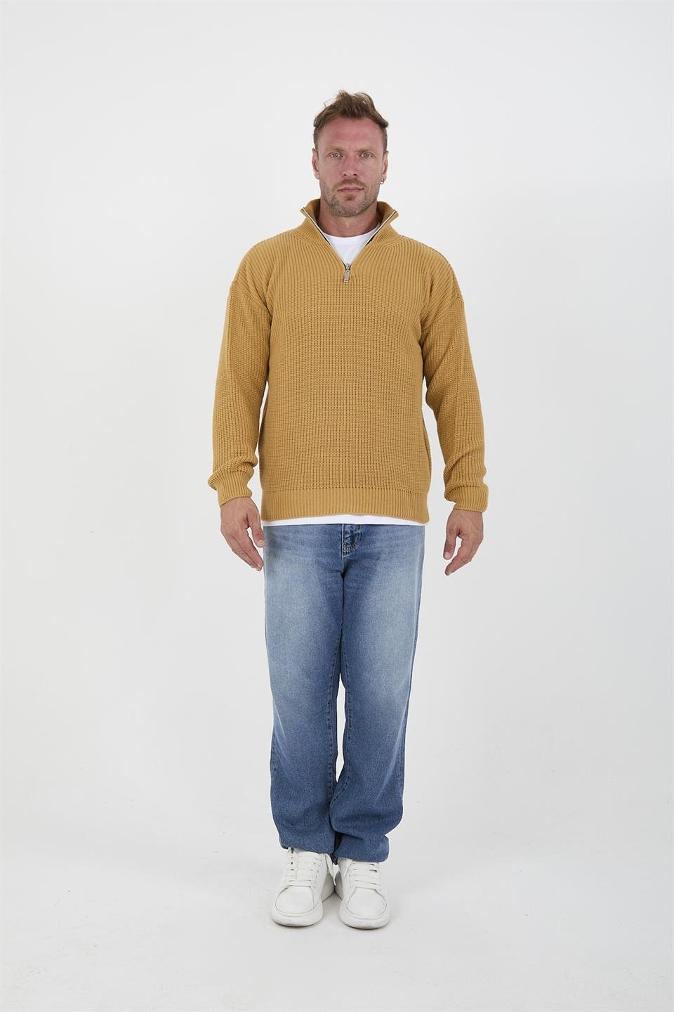 oversize selanik örgü yarim fermuar erkek triko kazak - Justyol