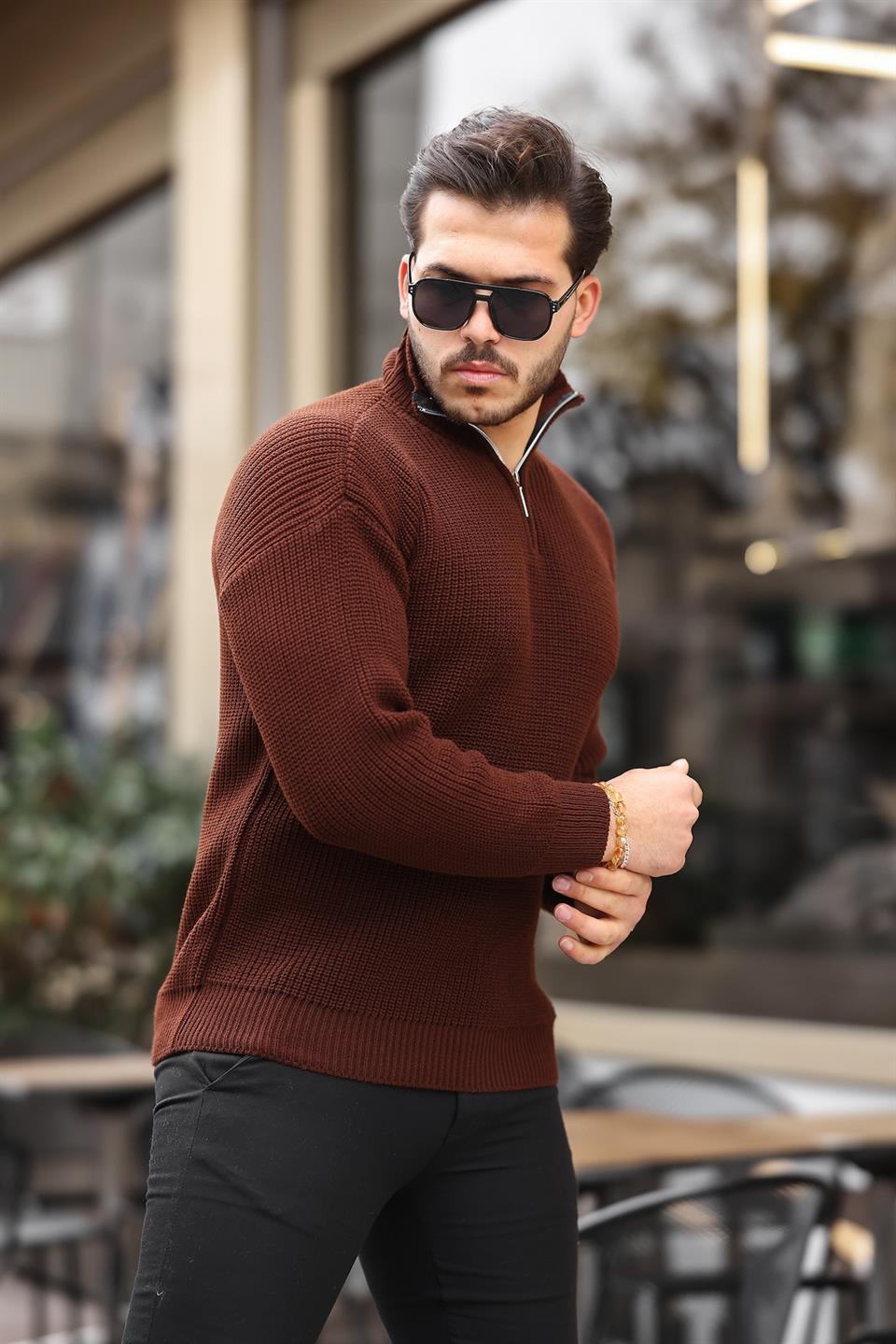 oversize selanik örgü yarim fermuar erkek triko kazak - Justyol