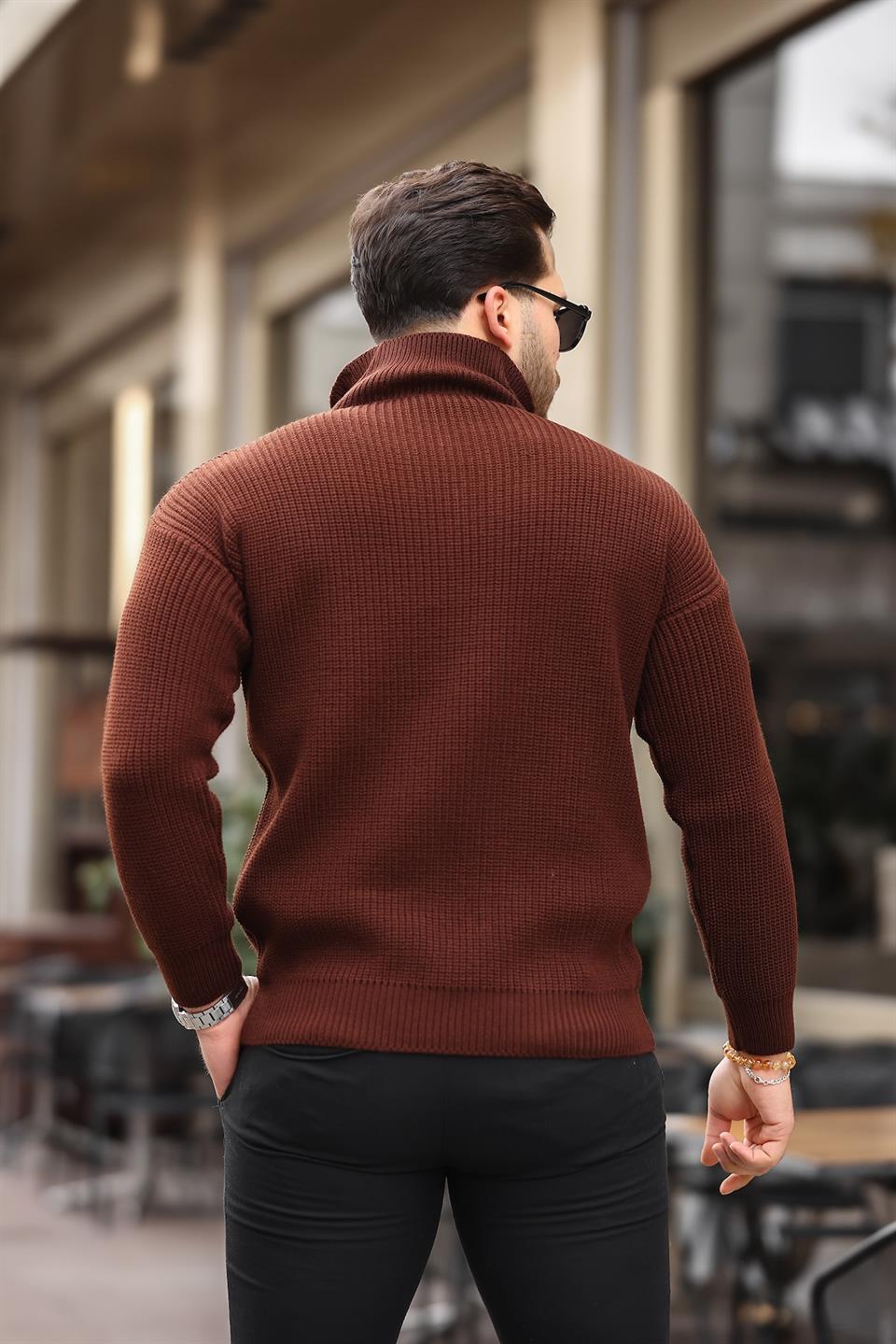 oversize selanik örgü yarim fermuar erkek triko kazak - Justyol