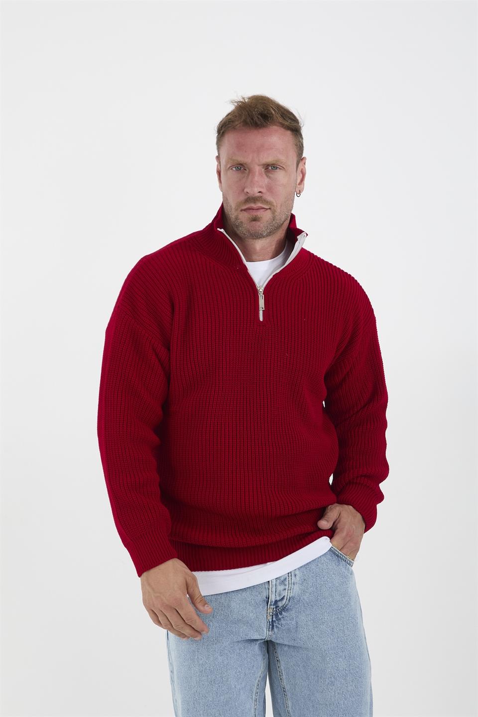 oversize selanik örgü yarim fermuar erkek triko kazak - Justyol