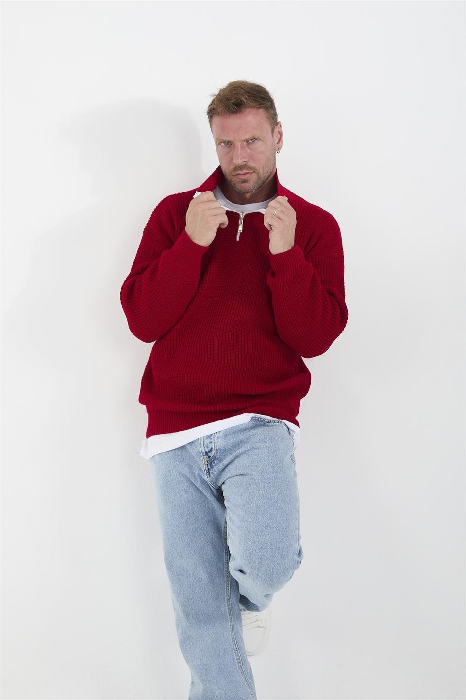 oversize selanik örgü yarim fermuar erkek triko kazak - Justyol