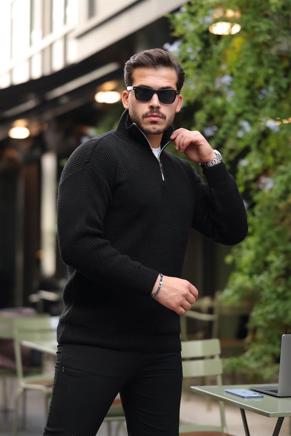 oversize selanik örgü yarim fermuar erkek triko kazak - Justyol