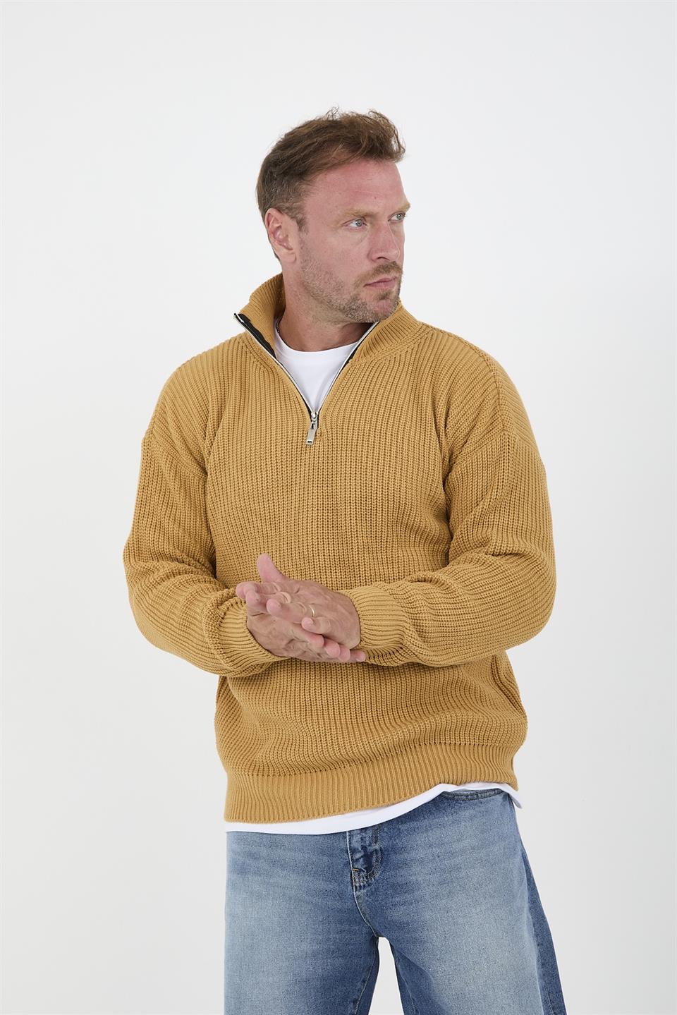 oversize selanik örgü yarim fermuar erkek triko kazak - Justyol