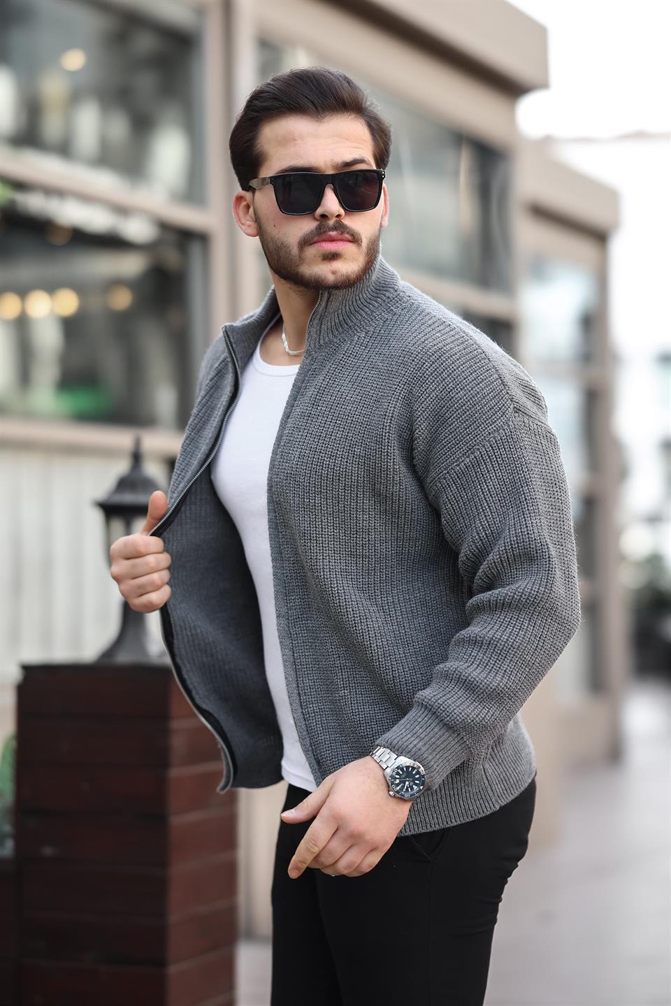 oversize selanik örme fermuarli erkek hirka - Justyol