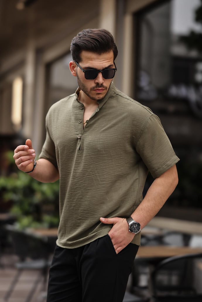 Oversize Yarım Pat Bambu Kısa kol Gömlek - Justyol