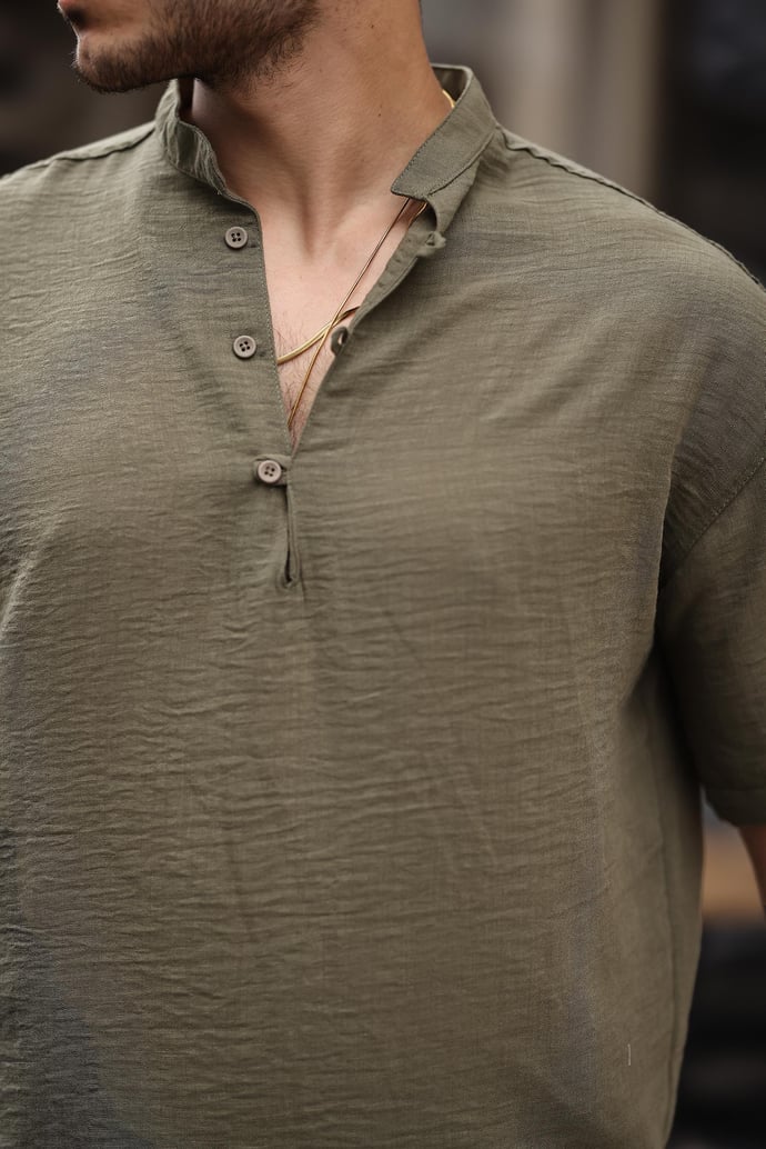 Oversize Yarım Pat Bambu Kısa kol Gömlek - Justyol