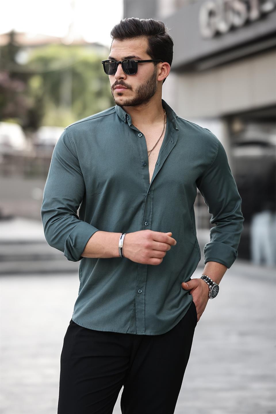 Oxford Kumaş Likralı Uzun Kol Gömlek - Justyol