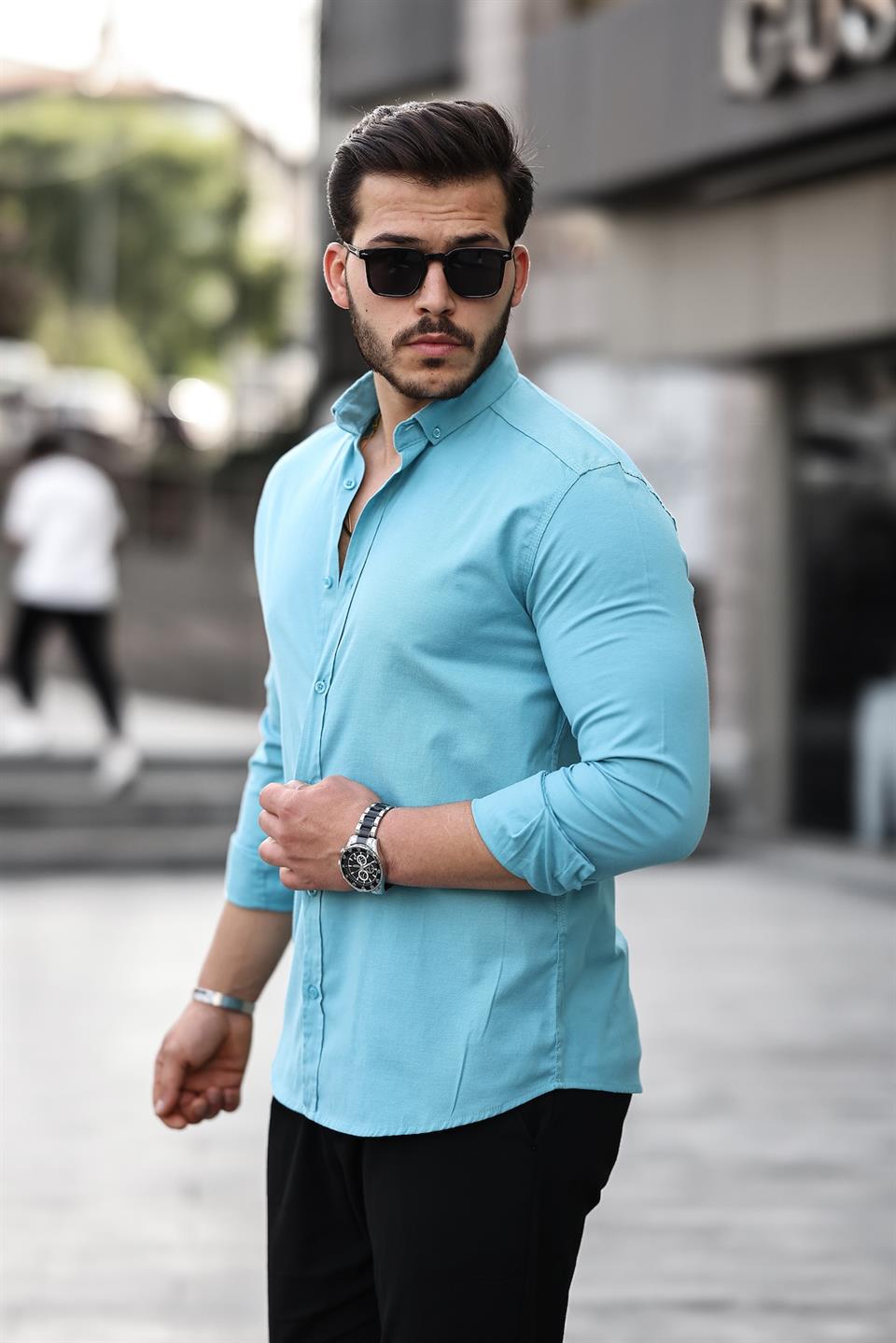 Oxford Kumaş Likralı Uzun Kol Gömlek - Justyol