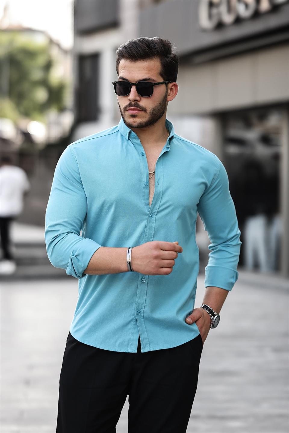 Oxford Kumaş Likralı Uzun Kol Gömlek - Justyol