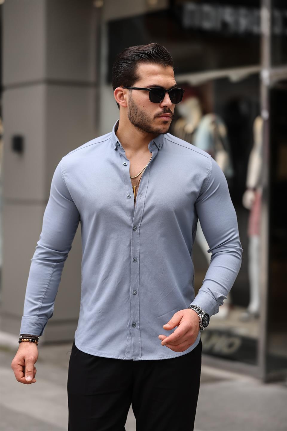 Oxford Kumaş Likralı Uzun Kol Gömlek - Justyol