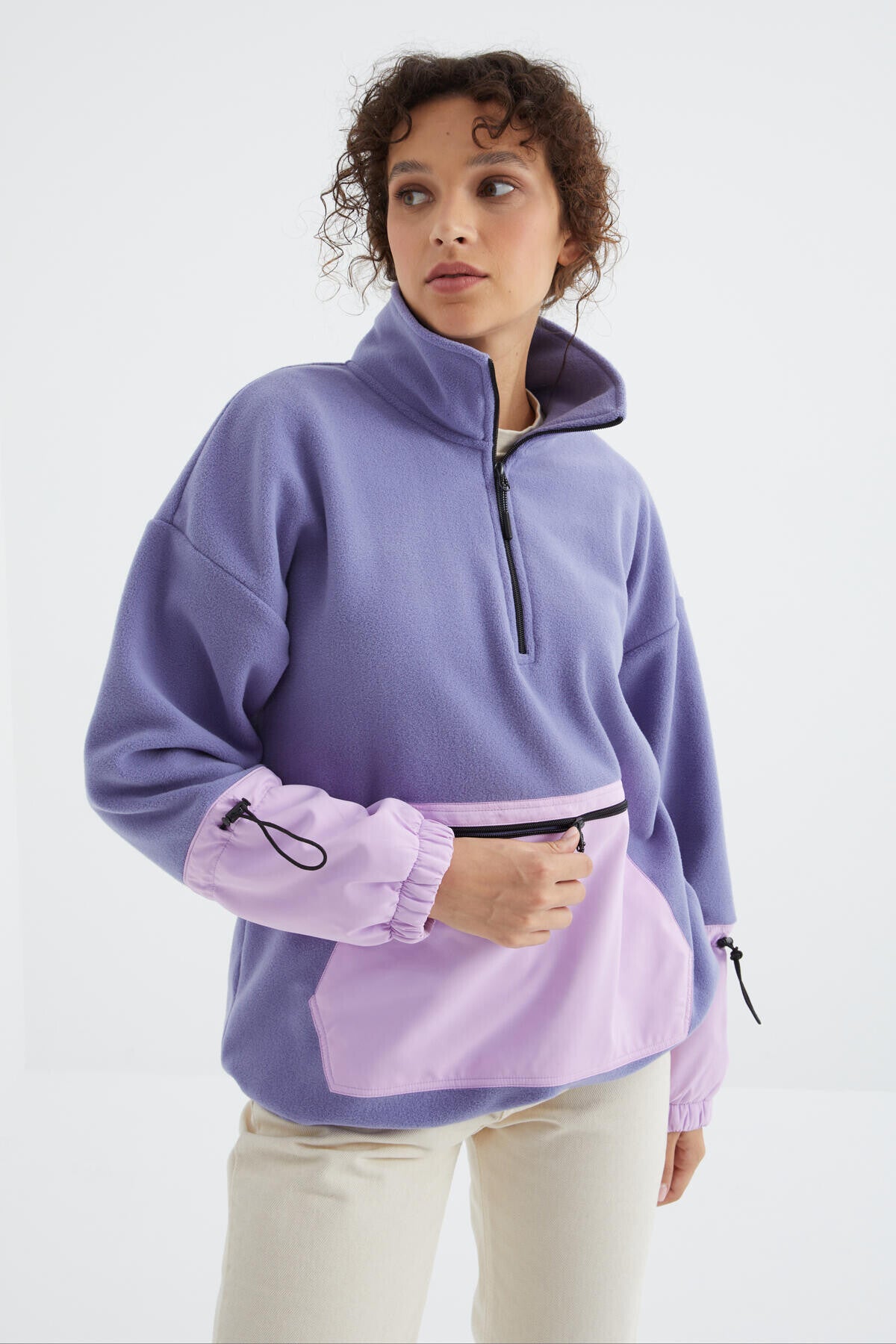 etek ucu büzgülü yarim fermuarli oversize kadin polar sweatshirt - 97238