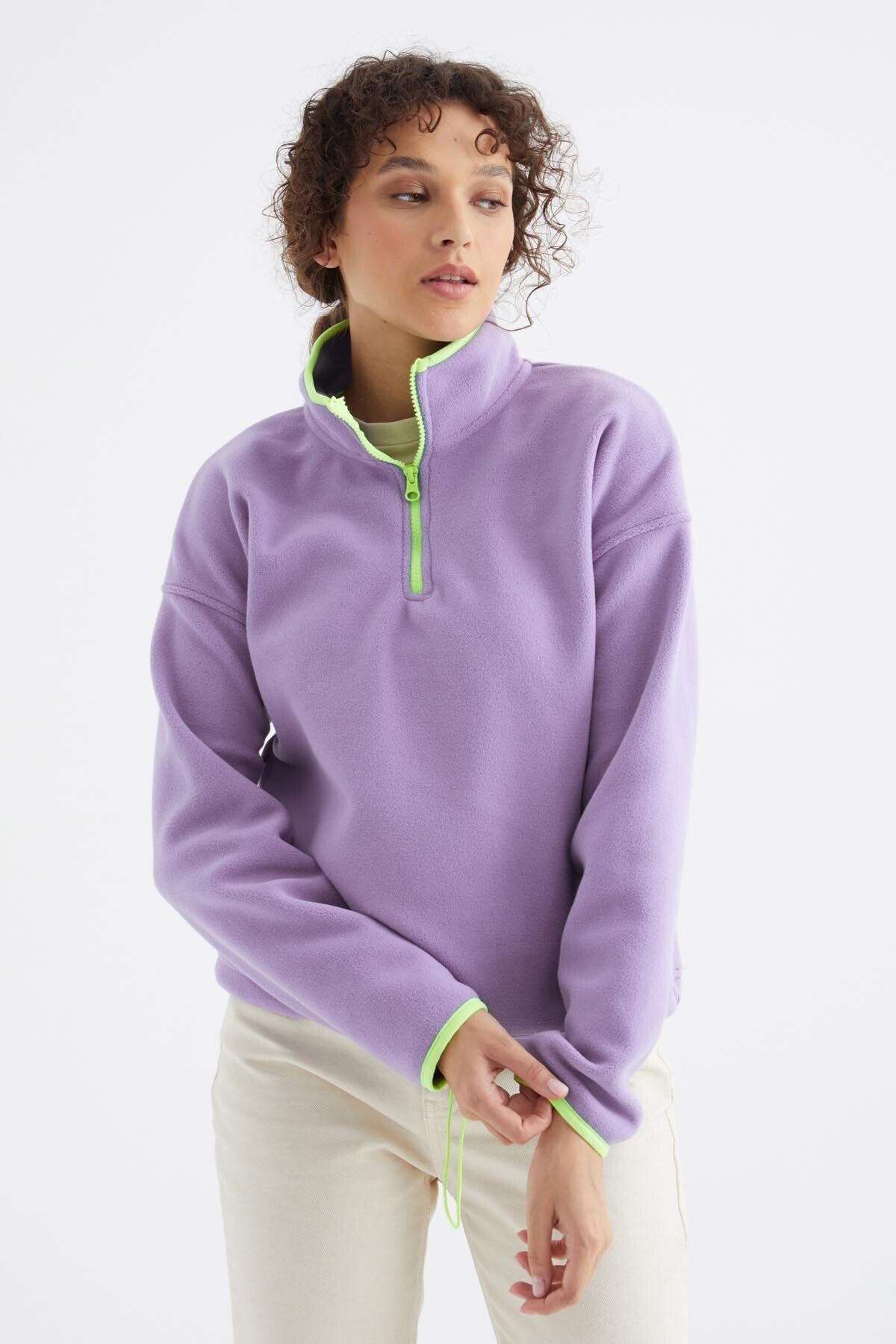 yarim fermuar etek ucu büzgülü dik yaka oversize kadin polar sweatshirt - 97234