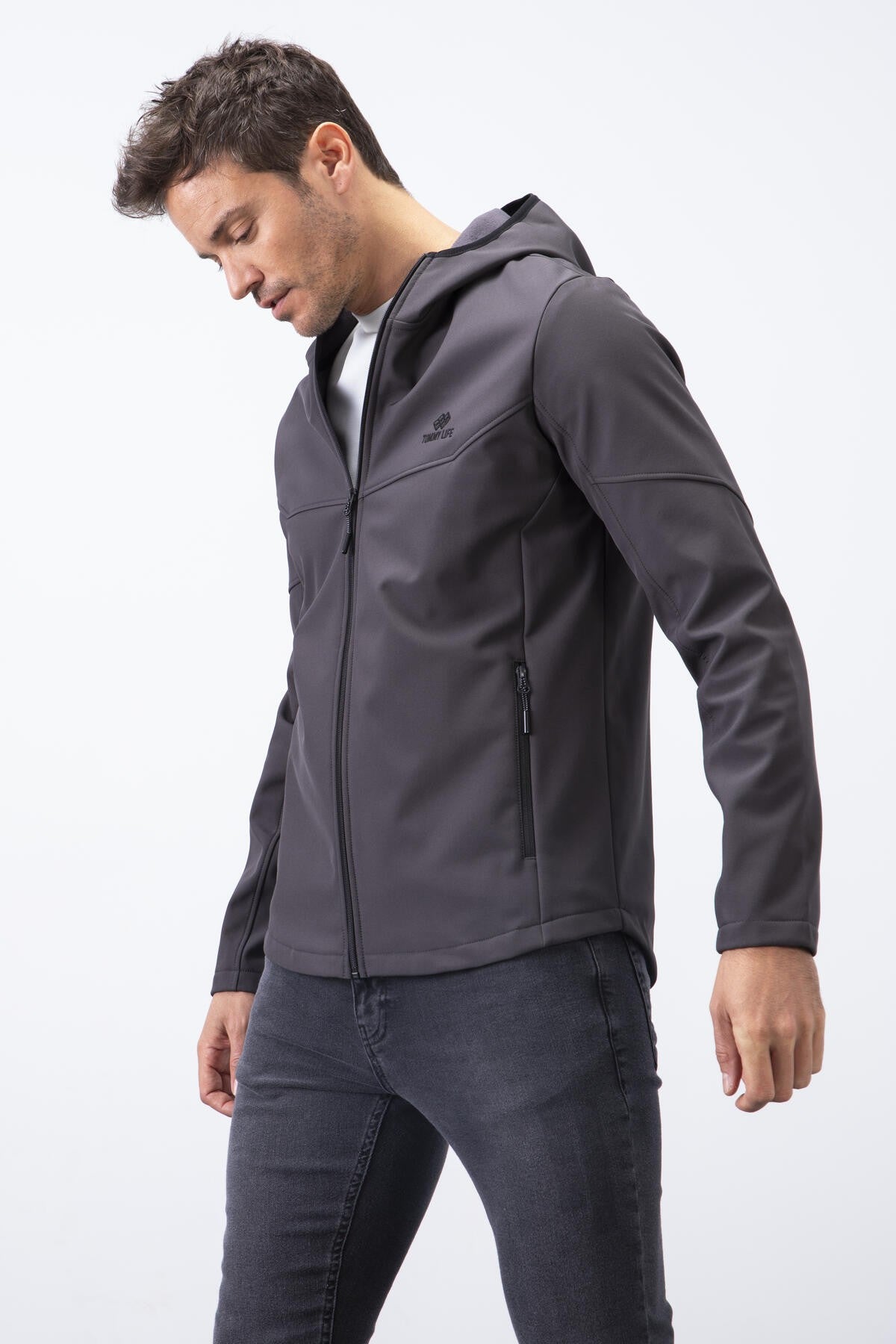 fermuarli kapüşonlu su ve rüzgar geçirmez softshell erkek mont - 88051 - Justyol