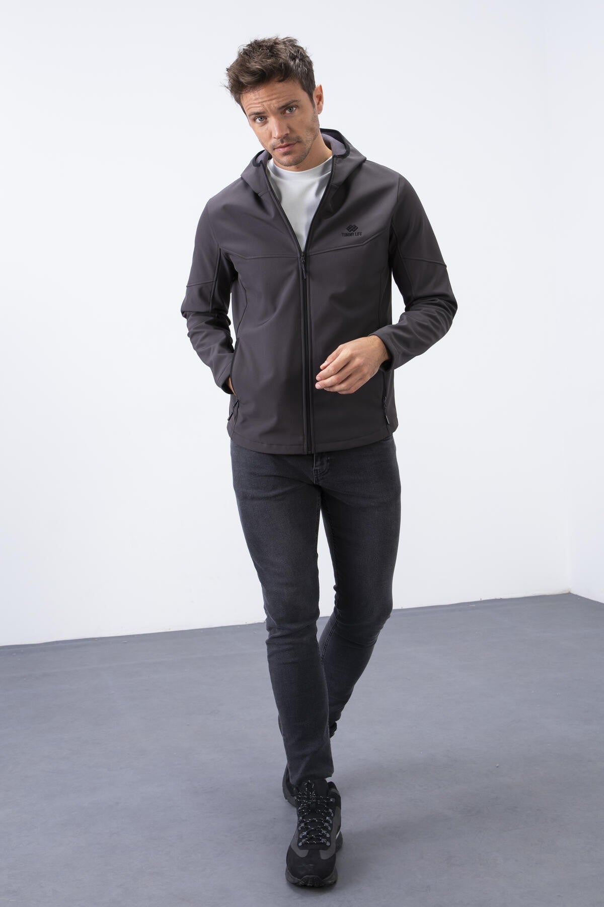 fermuarli kapüşonlu su ve rüzgar geçirmez softshell erkek mont - 88051 - Justyol