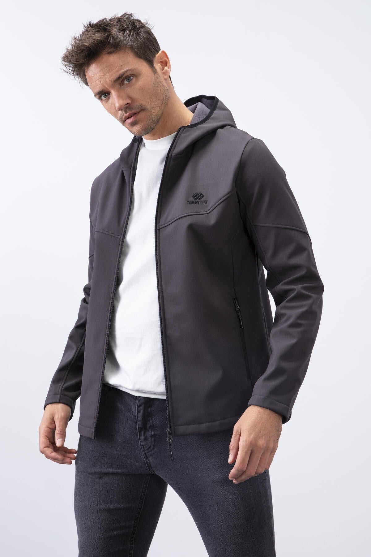 fermuarli kapüşonlu su ve rüzgar geçirmez softshell erkek mont - 88051 - Justyol