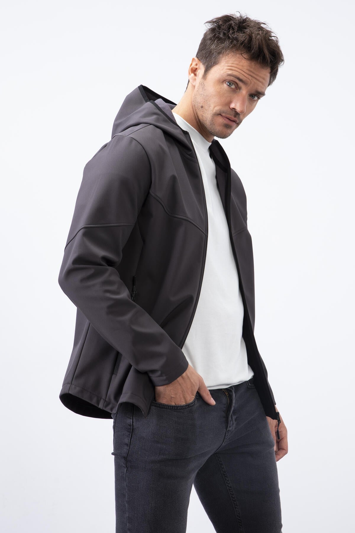 fermuarli kapüşonlu su ve rüzgar geçirmez softshell erkek mont - 88051 - Justyol