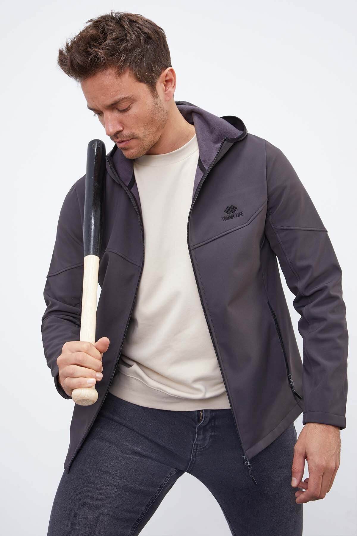 fermuarli kapüşonlu su ve rüzgar geçirmez softshell erkek mont - 88051 - Justyol