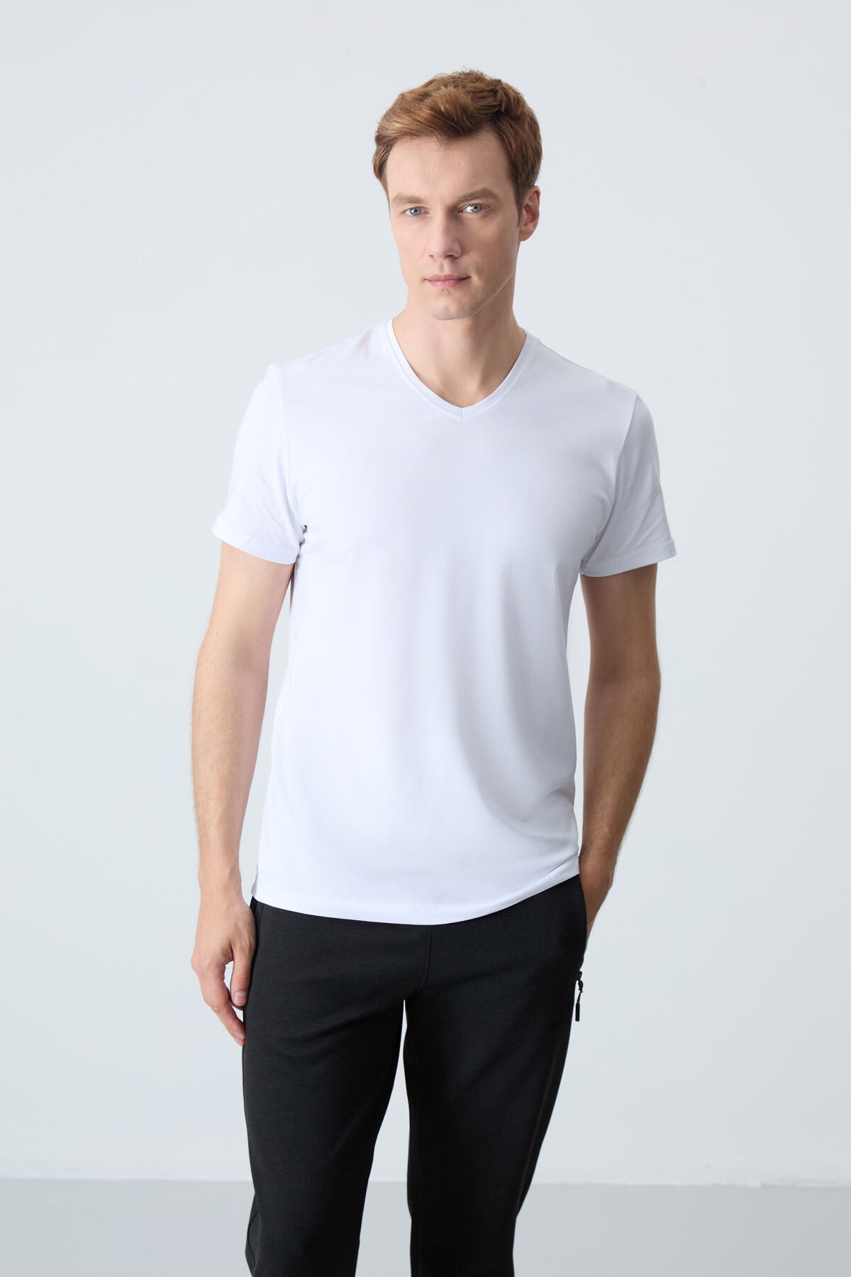 basic kisa kol standart kalip v yaka erkek t-shirt - 87912