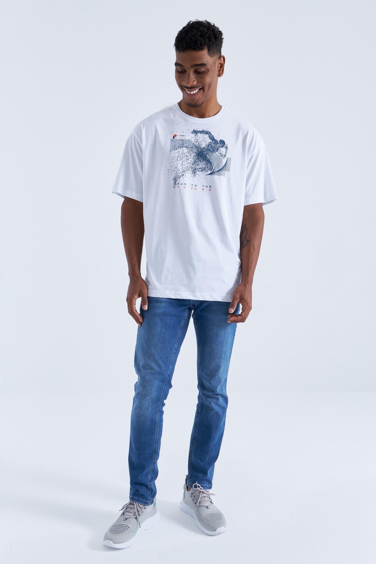 baski detayli o yaka erkek oversize t-shirt - 88093