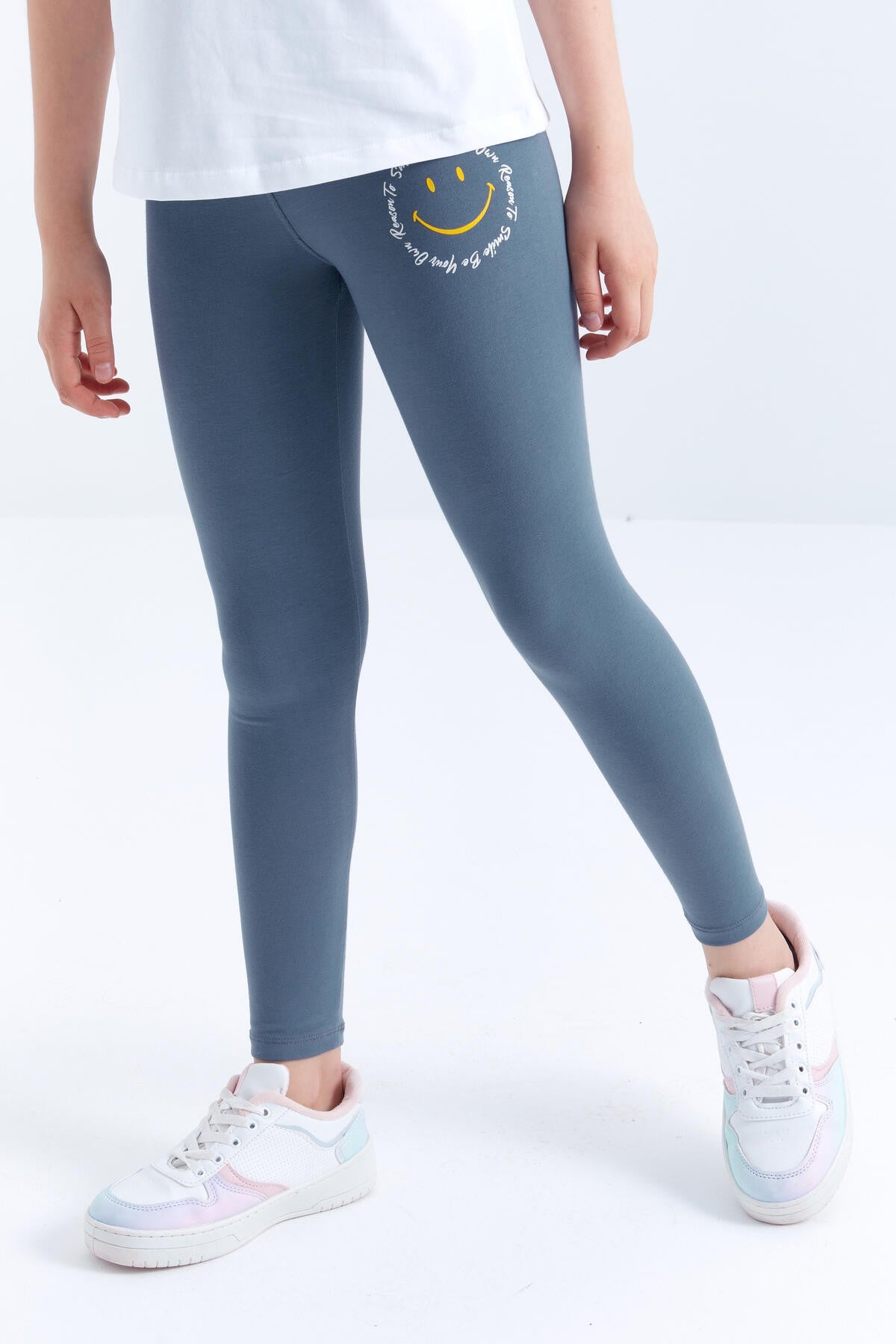 ensemble legging pour fille à col rond, manches courtes, avec imprimé emoji blanc - pétrole - 75062