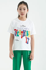 <tc>T-shirt fille oversize à col rond avec imprimé textuel coloré, manches courtes - 75112</tc>