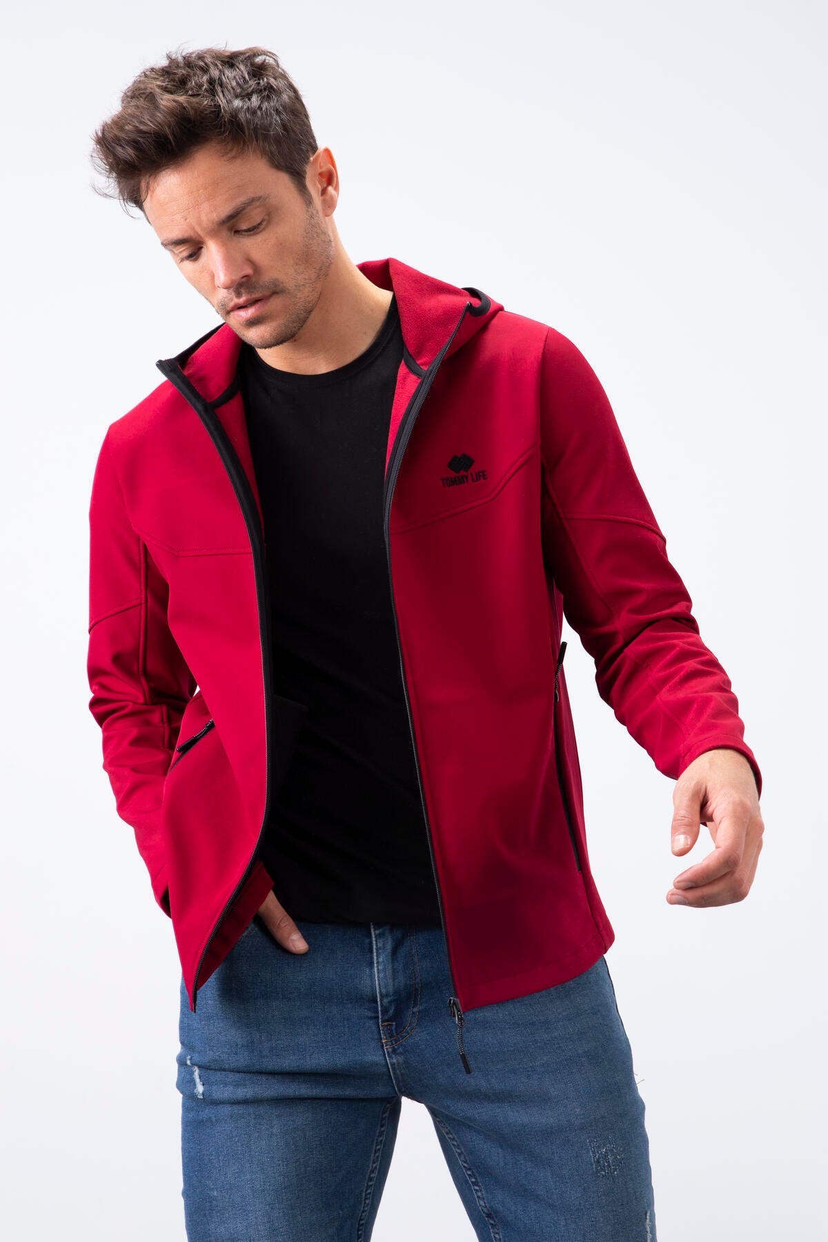fermuarli kapüşonlu su ve rüzgar geçirmez softshell erkek mont - 88051 - Justyol
