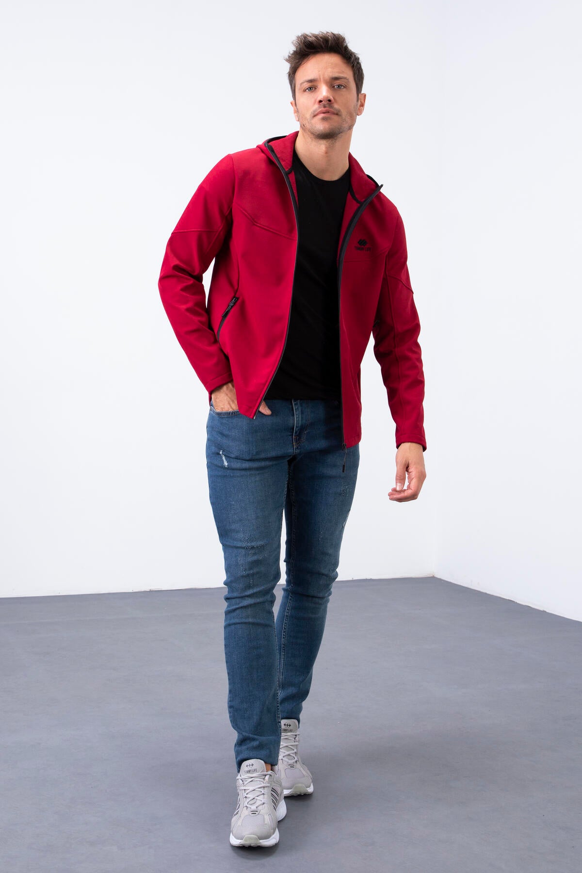 fermuarli kapüşonlu su ve rüzgar geçirmez softshell erkek mont - 88051 - Justyol