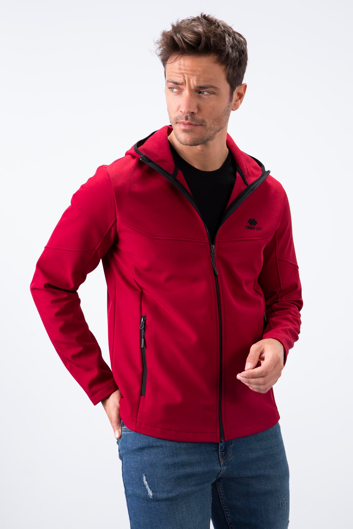 fermuarli kapüşonlu su ve rüzgar geçirmez softshell erkek mont - 88051 - Justyol