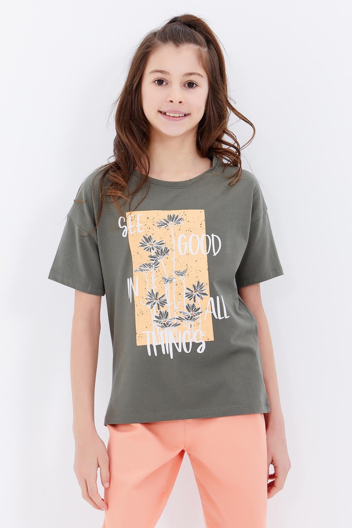 oversize yazi baskili o yaka düşük omuz kiz çocuk t-shirt - 75032