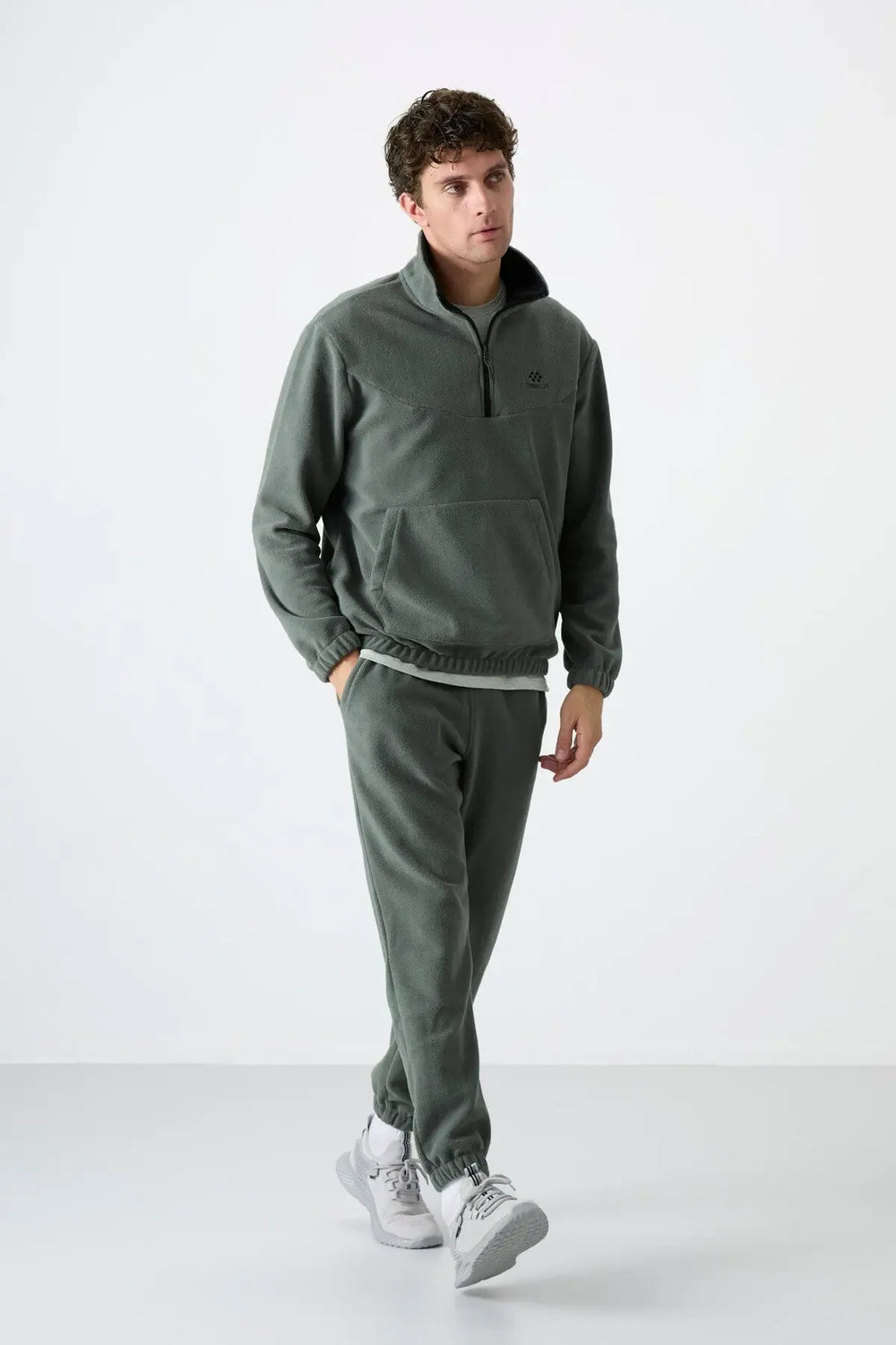 Ensemble de survêtement pour homme en polaire à demi-fermeture éclair, col montant et bas de pantalon élastiqués - 85159
