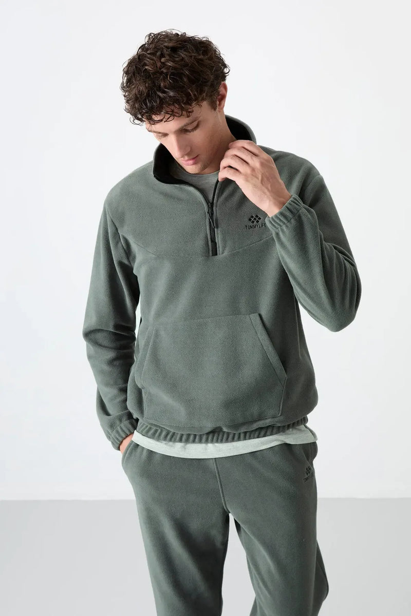 Ensemble de survêtement pour homme en polaire à demi-fermeture éclair, col montant et bas de pantalon élastiqués - 85159