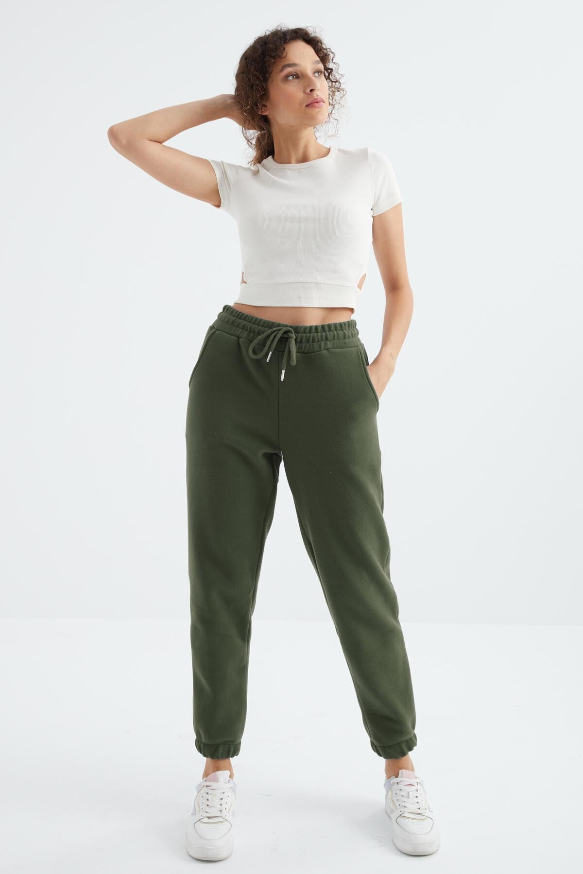 yüksek bel basic bağcikli jogger polar kadin eşofman alt - 94622 - Justyol