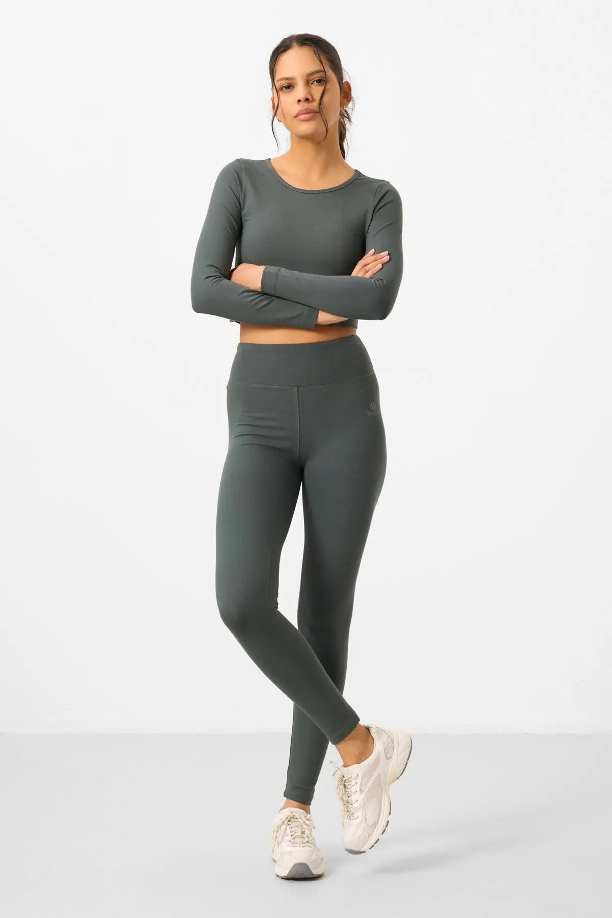 yüksek bel uzun kollu slim fit crop top kadin tayt takim - 95286 - Justyol