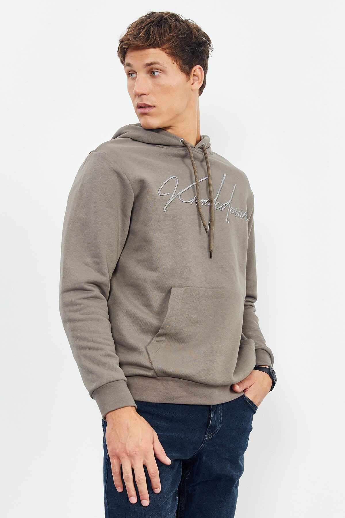 el yazisi nakişli kapüşonlu rahat form erkek sweatshirt - 88007