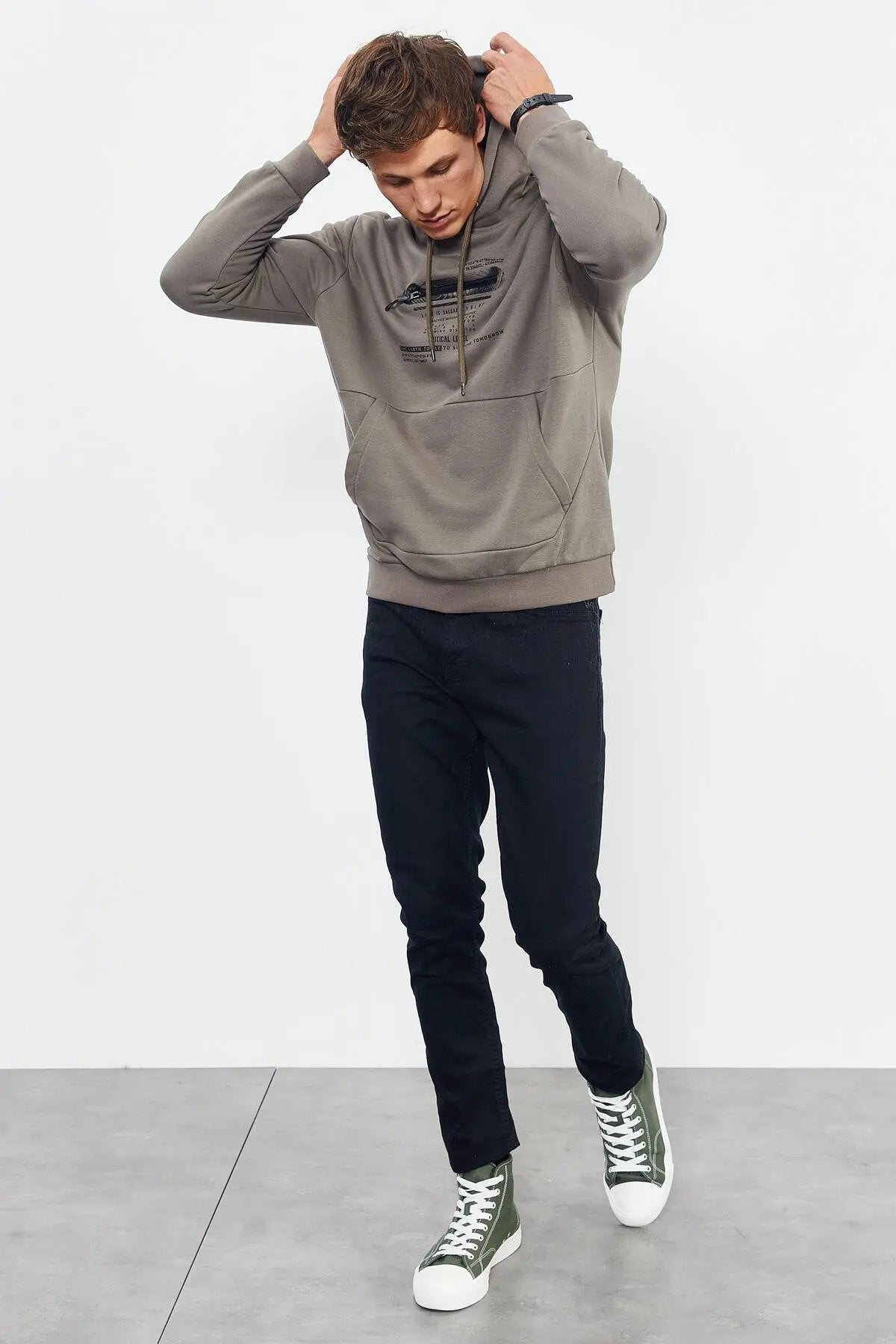 baskili kapüşonlu kanguru cep rahat form erkek sweatshirt - 88019 - Justyol